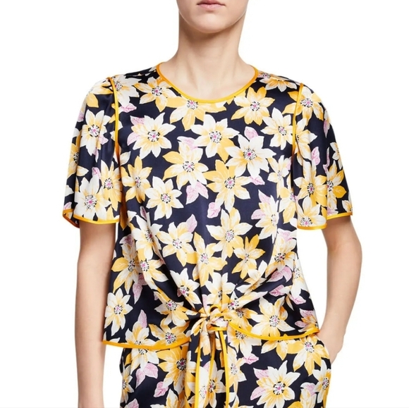 Cinq A Sept Kristi Floral Silk Tie Crop Short Sleeve Floral Blouse Small - Picture 2 of 8